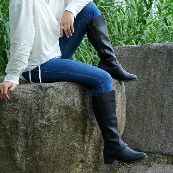 Hawkwell Women's Black Wide Calf Knee High Double Zipper Synthetic Riding Boots - Picture 3 of 6